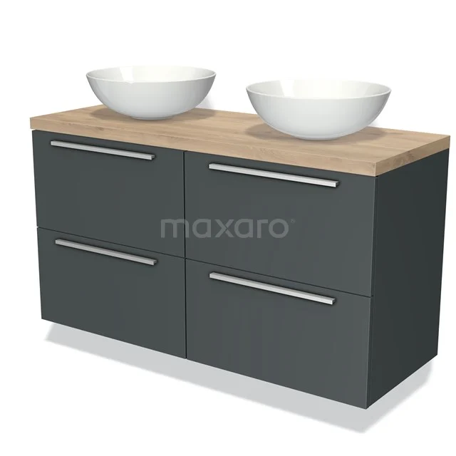 Grijs badkamermeubel met dubbele witte waskom, houten blad, vier lades en moderne aluminium handgrepen.