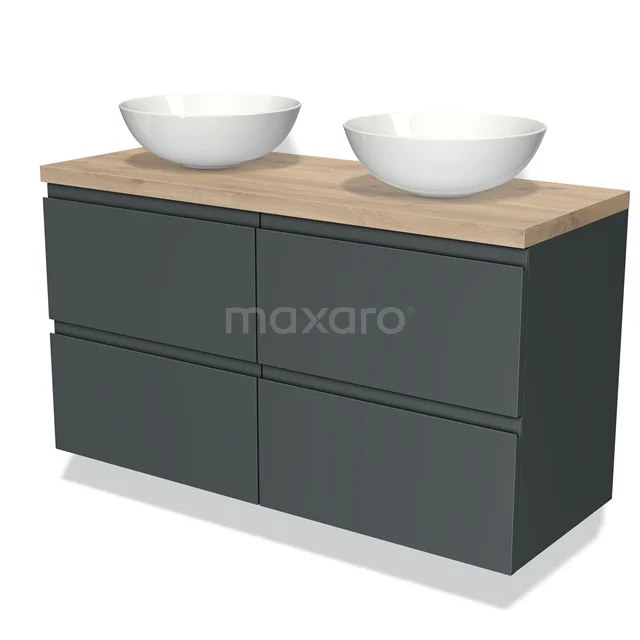 Grijze badkamermeubelset met twee witte waskommen, houten blad en moderne uitstraling. Perfect voor een stijlvolle badkamer.