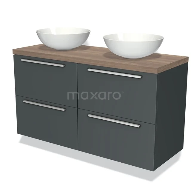 Dubbele antraciet badkamermeubel met houten blad en twee witte waskommen, modern design.
