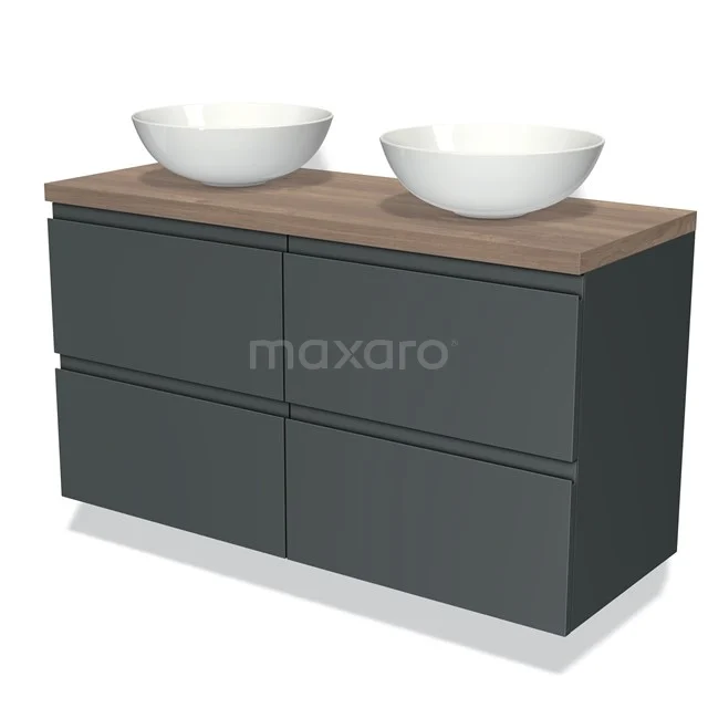 Donkergrijze badkamermeubelset met houten blad, twee witte waskommen en vier lades, modern design.