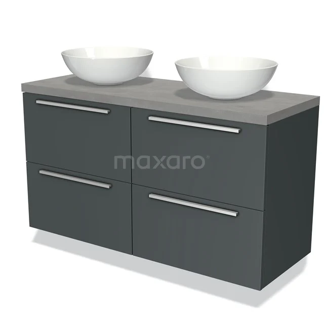 Antracietgrijs badkamermeubel met dubbele wastafels, modern design, strakke metalen handgrepen en ruime opbergvakken.