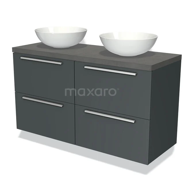 Donkergrijze badkamermeubelset met dubbele witte waskommen, vier lades en chromen handgrepen, ideaal voor moderne badkamers.