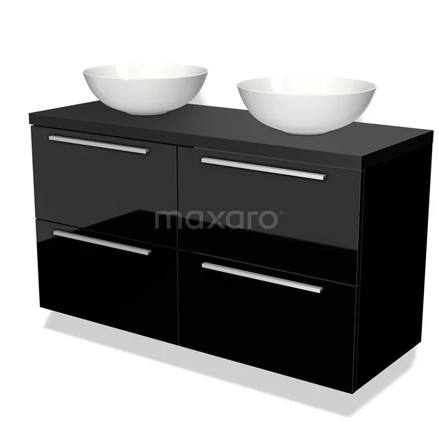 Zwart glazen badkamermeubel met dubbele witte waskom en chromen handgrepen, modern design.
