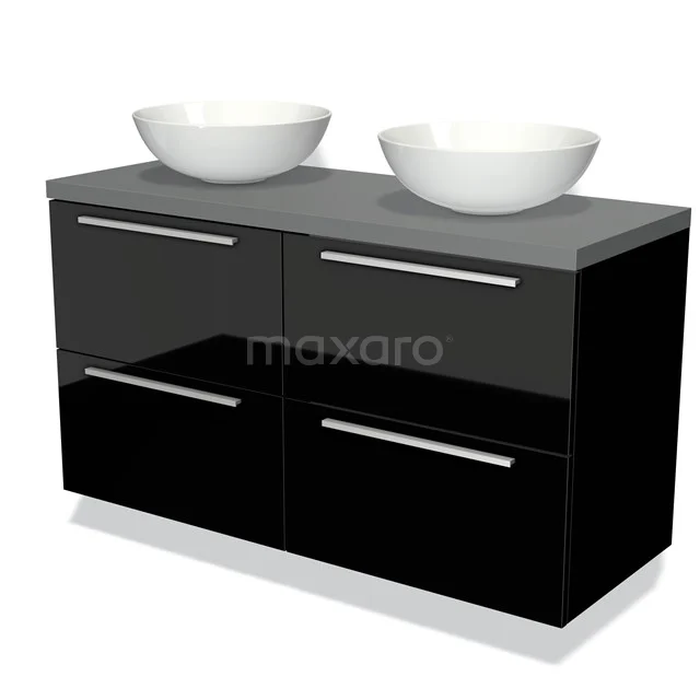 Black glossy bathroom unit with double round vanity units for countertop wash basins and metal handles, modern design for stylish bathrooms.