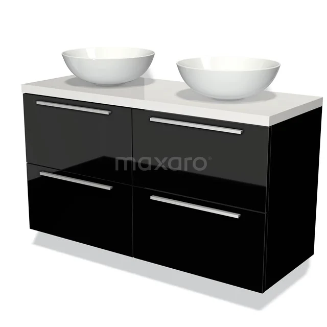 Black bathroom unit with high-gloss finish, white double countertop wash basin and Stainless steel handles, modern design for stylish bathrooms.