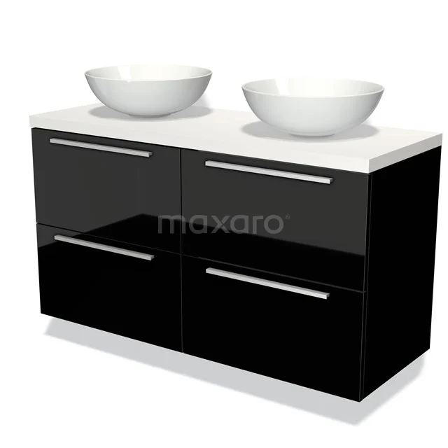 Zwart hoogglans badkamermeubel met dubbele witte waskom, modern design, ideaal voor een stijlvolle badkamerruimte.