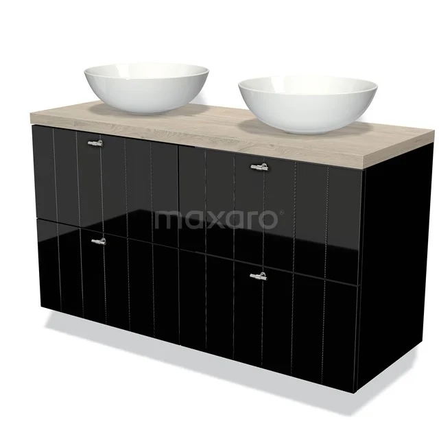 Black bathroom unit with high-gloss finish, double round countertop wash basins and wood-look worktop, ideal for modern bathrooms.