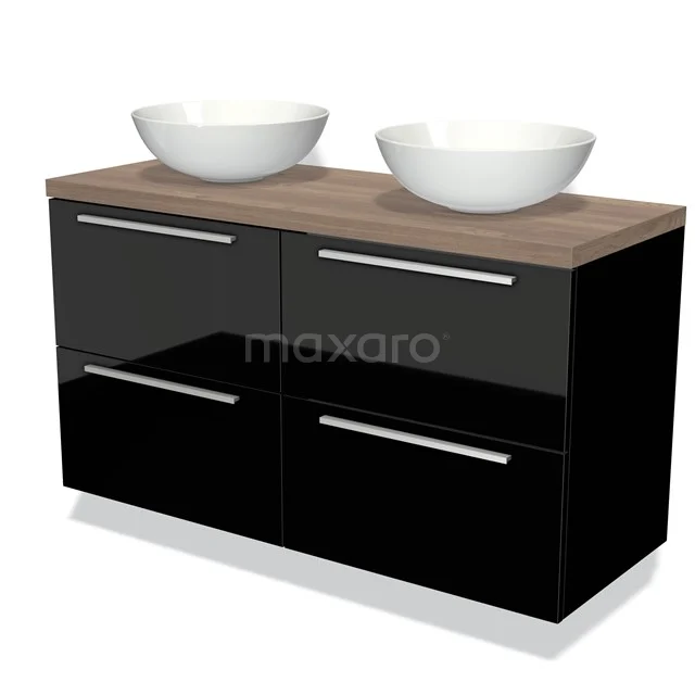 Zwarte badkamermeubelset met 2 witte waskommen en een houten blad, modern design voor stijlvolle badkamers.