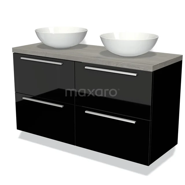 Black bathroom furniture set with high-gloss finish, concrete grey worktop and double white countertop wash basin, modern design.