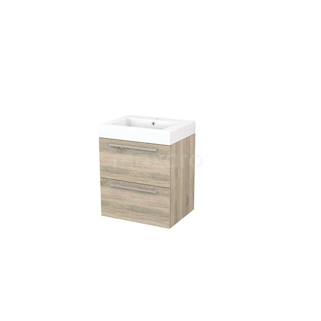 Wooden bathroom unit with two drawers in light oak colour and white ceramic basin, compact design ideal for small bathrooms.