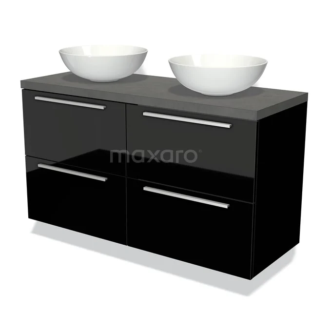 Zwarte badkamermeubelset met dubbele wastafel, hoogglans afwerking en moderne design, ideaal voor een stijlvolle badkamer.