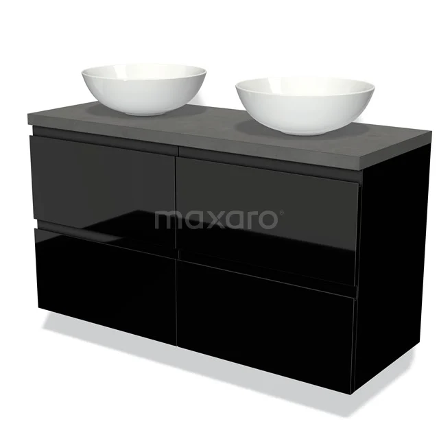 Black bathroom furniture set with double basin, ceramic bowls and glossy drawers, ideal for modern bathrooms.