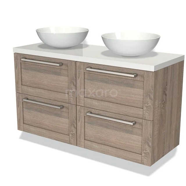 Houten badkamermeubel met dubbele witte waskommen, modern ontwerp, vier lades en chique grepen voor optimale opslag.