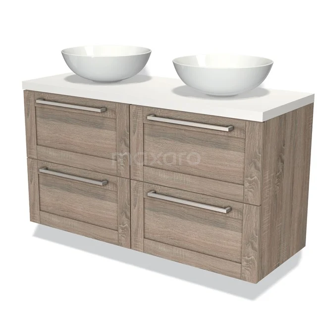 Houten dubbele wastafelmeubel met witte kommen en opberglades, ideaal voor een moderne badkamer inrichting.