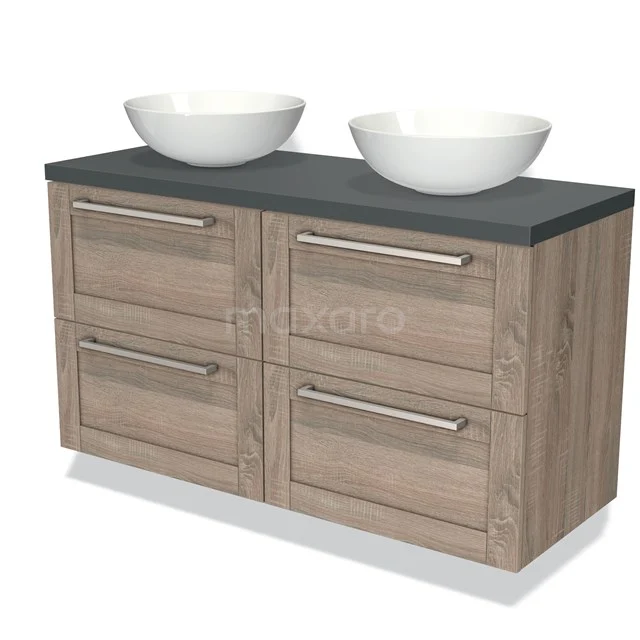 Houten badkamermeubel met 4 lades, zwart blad en 2 witte waskommen, modern design, ideaal voor een stijlvolle badkamer.