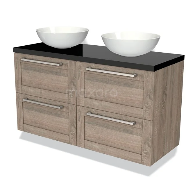 Houten badkamermeubel met dubbele wastafel, modern design, zwart blad en witte kommen, perfect voor een stijlvolle badkamer.