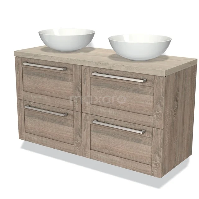 Houten badkamermeubel met dubbele wastafels, modern design, vier lades met metalen handgrepen, ideaal voor stijlvolle badkamers.