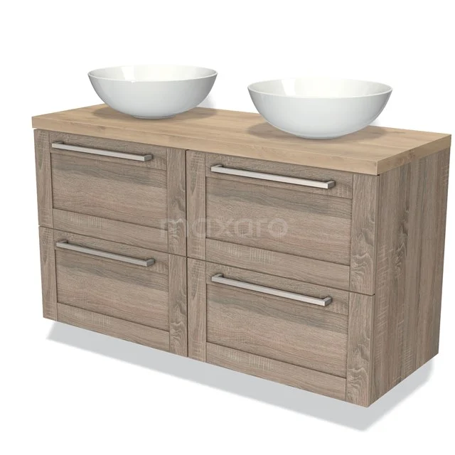 Houten badkamermeubel met dubbele witte waskommen, vier lades en moderne metalen handgrepen. Perfect voor stijlvolle badkamers.
