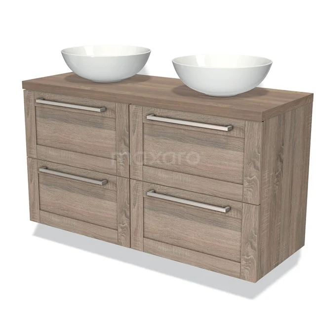 Oak bathroom unit with double basin, four drawers and a modern finish; ideal for stylish bathroom storage.