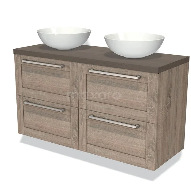 Hölzernes Badezimmermöbel mit doppelten Aufsatzwaschbecken, vier Schubladen und metallischen Haltegriffen, modernes Design in warmem Holzton.