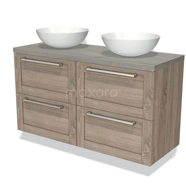 Houten badkamermeubel met grijze blad en dubbele wastafel; modern design, vier lades met metalen handgrepen.