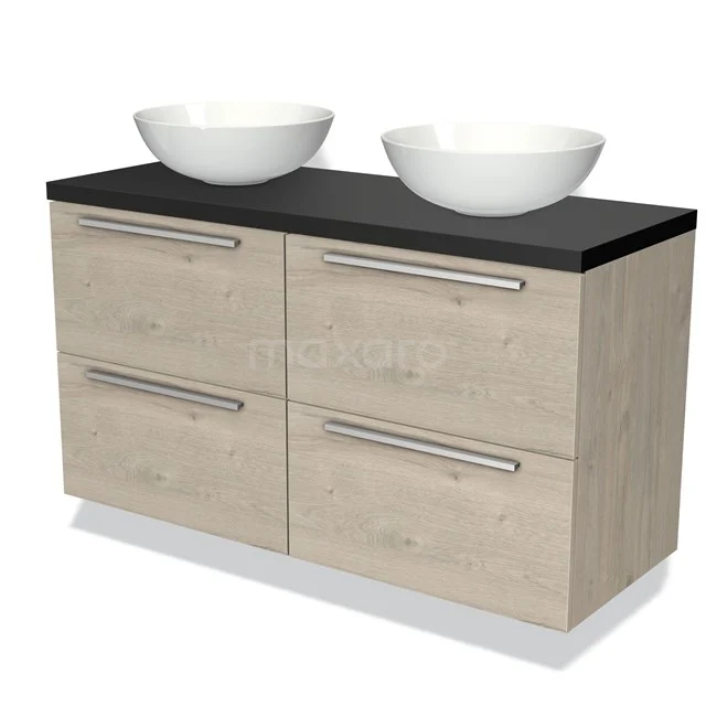 Holz Badezimmermöbel mit schwarzer Platte und zwei weißen Aufsatzwaschbecken, modernes Design mit vier Schubladen und Edelstahl Haltegriffen.