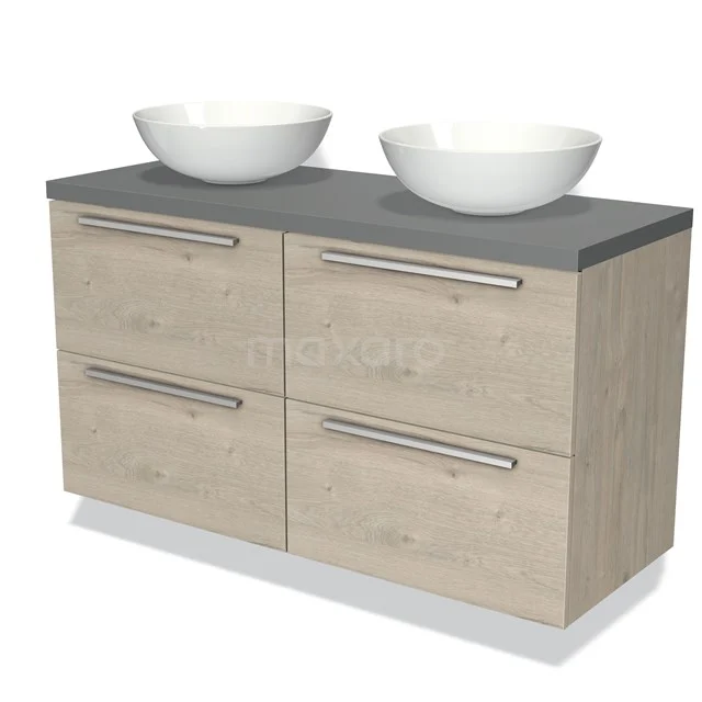 Houten badkamermeubel met grijze wastafelblad, dubbele ronde witte waskommen en metalen handgrepen, modern design.