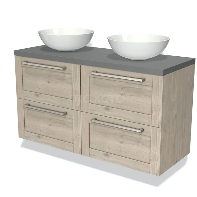 Wooden bathroom unit with four drawers, grey top and two round white basins; stylish and functional design.