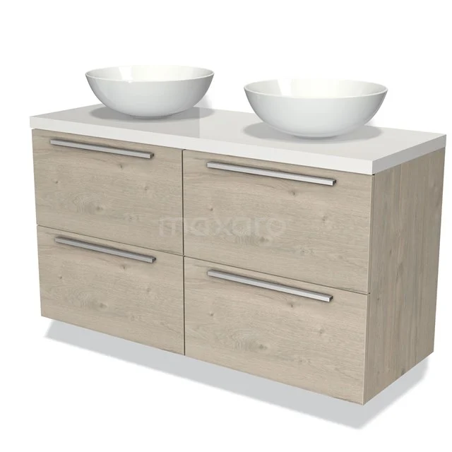 Modulo Plato Badmöbel mit Aufsatzwaschbecken | 120 cm Hellgraue Eiche Flach front Hochglanz Weiß blatt 4 Schubladen BMK18-00378 Holz Badezimmermöbel mit Doppelwaschbecken, modernes Design, vier Schubladen und weißen keramischen Aufsatzwaschbecken.