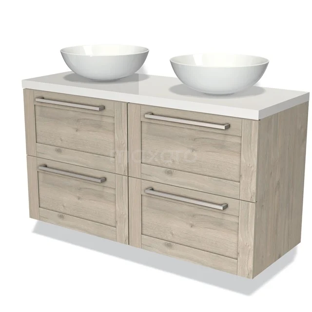 Holz Badezimmermöbel mit Doppelwaschbecken, heller Eiche Oberfläche, 4 Schubladen und modernen Haltegriffen, ideal für stilvolle Bäder.