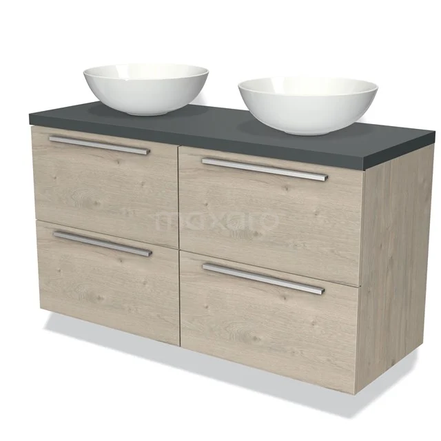 Houten badkamermeubel met vier lades, zwarte stenen wastafelblad, twee witte komvormige wasbakken. Modern en stijlvol design.