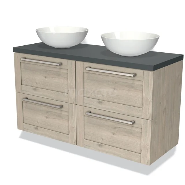 Wooden bathroom unit with two white countertop wash basins, four drawers and a dark grey worktop; ideal for modern bathroom design.