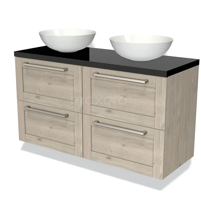 Houten badkamermeubel met vier lades, zwarte bovenblad en twee witte waskommen, ideaal voor een moderne badkamer.