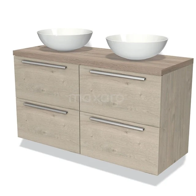 Houten badkamermeubel met eiken uitstraling, vier lades en dubbele wastafel, ideaal voor een moderne badkamerstijl.