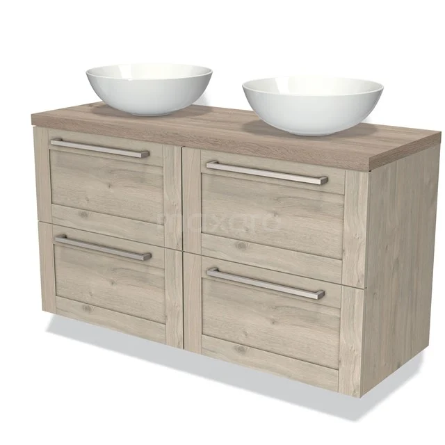 Houten badkamermeubel met dubbele waskom, lichte eikenkleur, vier lades met metalen grepen, ideaal voor moderne badkamers.