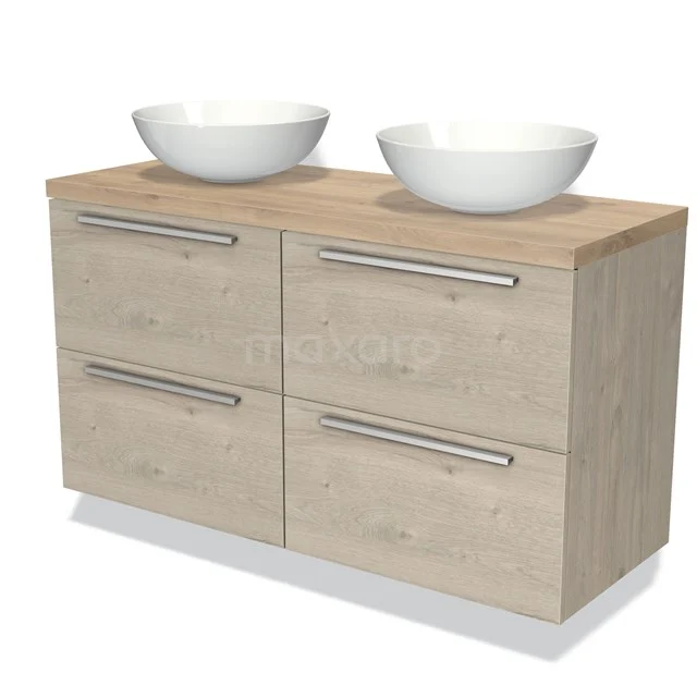 Bathroom unit with double countertop wash basins, wood look, four drawers with metal handles; modern and stylish design.