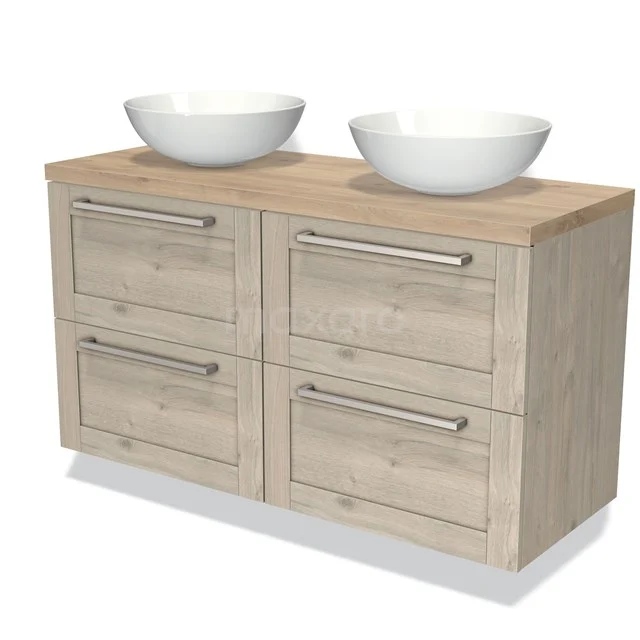 Wooden bathroom unit with double countertop wash basins, modern drawer handles and natural finish for stylish bathroom storage.