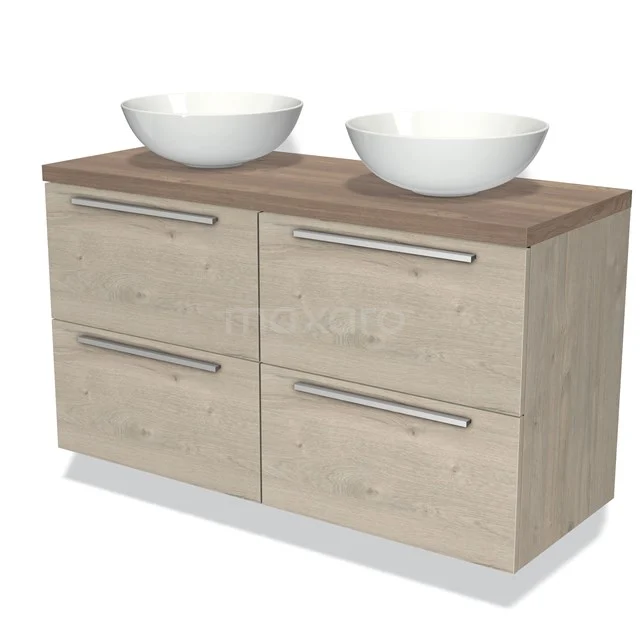 Houten badkamermeubel met eiken uitstraling, dubbele wastafel en vier lades, ideaal voor een stijlvolle en praktische badkamer.