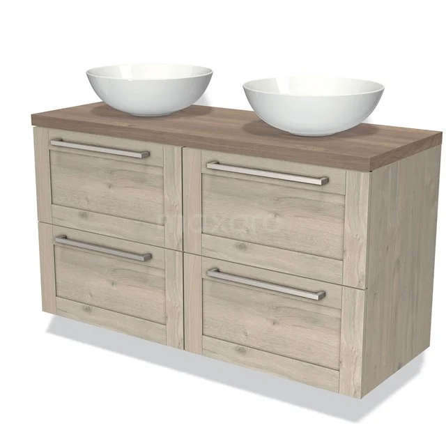 Houten badkamermeubel met dubbele waskommen, vier lades en een modern design; ideaal voor een natuurlijke badkamerstijl.