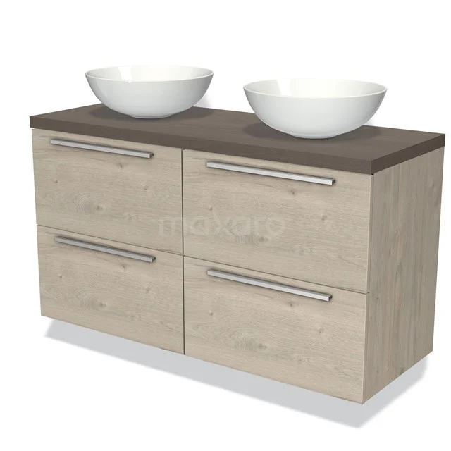 Holz Badezimmermöbel mit zwei weißen Aufsatzwaschbecken, modernes Design und vier Schubladen, ideal für ein stilvolles Badezimmer.