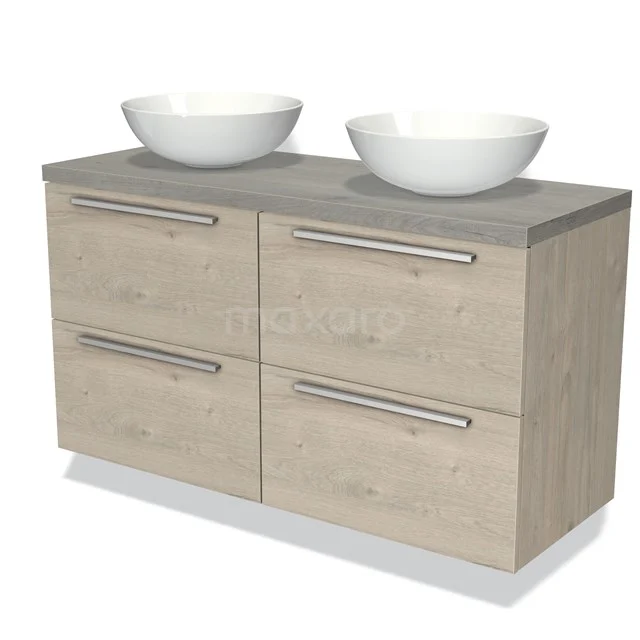 Hölzernes Badezimmermöbel mit grauer Oberplatte, doppelten weißen Aufsatzwaschbecken und vier Schubladen, ideal für ein modernes Badezimmer.