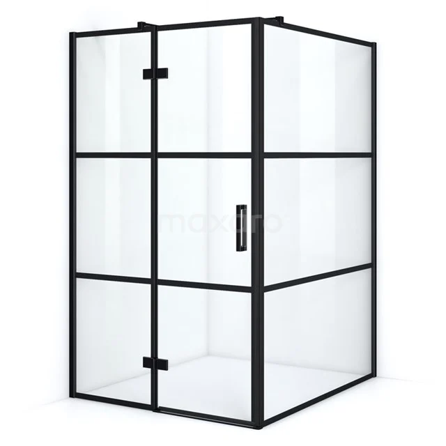 Schwarze industrielle Duschkabine mit Glasplatten und mattschwarzen Profilen, perfekte Ergänzung zu einem modernen Badezimmer.