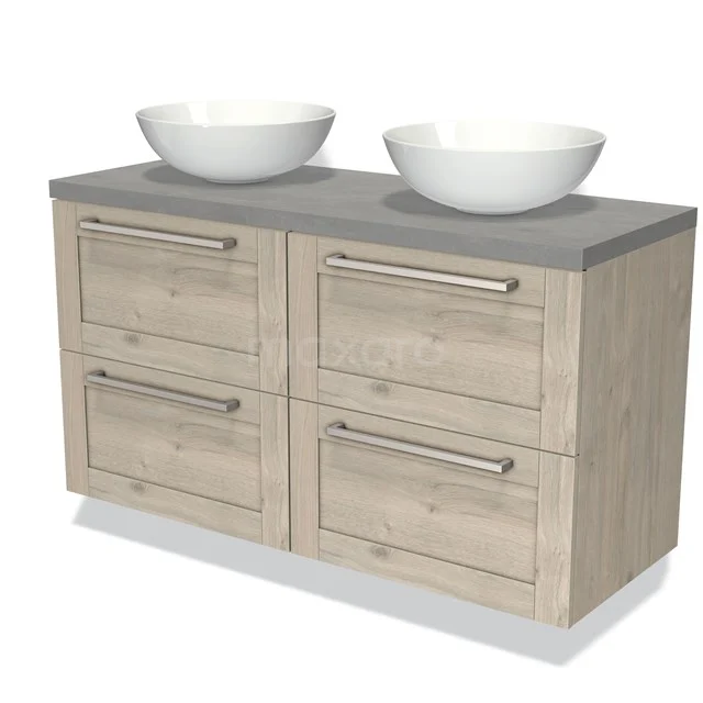 Wooden bathroom unit with double countertop wash basins, grey worktop and four drawers, ideal for stylish bathroom storage.