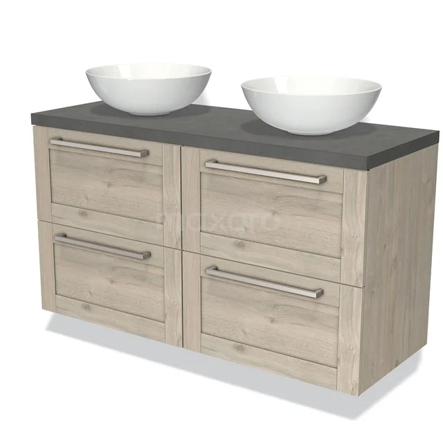 Hölzernes Badezimmermöbel mit doppelten Aufsatzwaschbecken, grauem Steinplatte und Ladegriffen, perfekt für einen modernen Badezimmerstil.