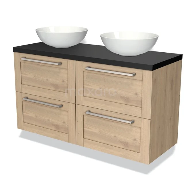 Modulo Plato Vanity units for countertop basin | 120 cm Light brown oak Bordered front Matte black worktop 4 drawers BMK18-00401 Oak bathroom unit with black top and double white countertop wash basins, modern design with metal handles.