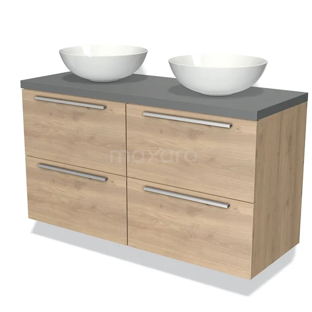 Houten badkamermeubel met grijze steenlook blad, twee witte waskommen en vier lades, ideaal voor stijlvolle badkameropslag.