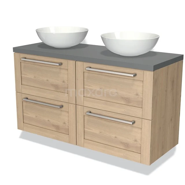 Houten wastafelmeubel met dubbele witte waskommen, grijs blad en vier lades, ideaal voor een moderne badkamerstijl.