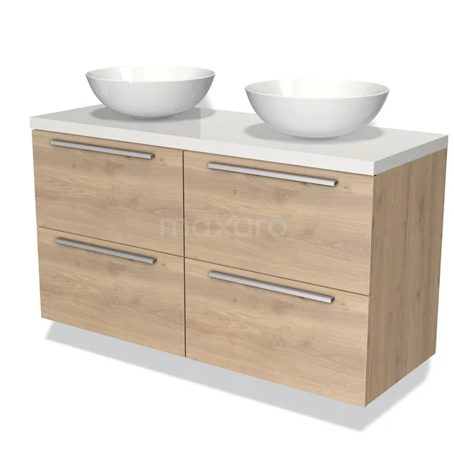 Holz-Waschtisch mit doppelten weißen Aufsatzwaschbecken, modernes Erscheinungsbild, ideal für eine stilvolle Badezimmergestaltung.