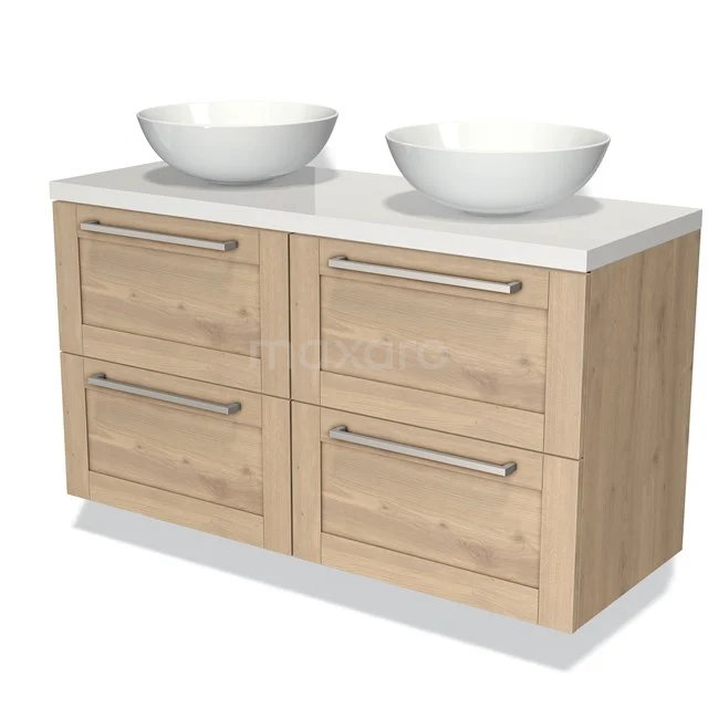Houten badkamermeubel met twee witte keramische waskommen, vier lades en een stijlvol modern ontwerp voor een luxe badkamer.