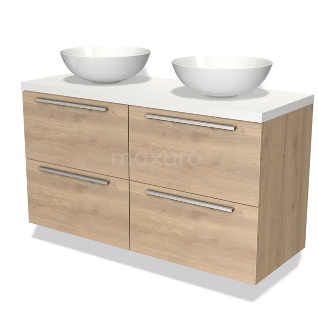 Houten badkamermeubel met dubbele witte waskommen, moderne grepen en vier ruime lades, ideaal voor stijlvolle badkamers.